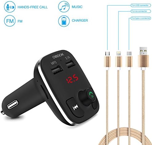 OBDOK Bluetooth FM Transmitter Hands Free Speaker Car Usb Charger Adapter Kit Wireless Radio with USB Charging Cable 3 in 1 for Iphone,Ipad,Samsung