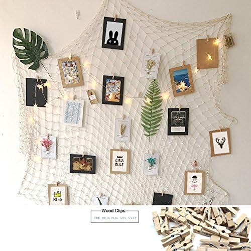 Vintage Jute Photo Hanging display with 30 Wooden Clips - Jute Fishing Net Wall Decor - Picture Frames & Prints Photo Organizer & Collage Artworks - Nautical Decorative Dorm Bedroom Christmas Decorati