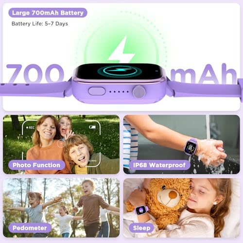 Nuevo 4G Reloj Inteligente Niño con Videollamada & GPS, Smartwatch Niños con SOS, Chat de Voz, Modo Escuela, Podómetro, Despertador, Monitor de Sueño IP68 Impermeable Regalo para Niños Niñas, Púrpura