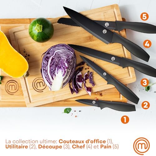 MasterChef Couteaux de Cuisine avec Bloc, Contient : Couteau d'Office Universel, Couteau à Viande et Pain, Couteau de Chef, Acier Inoxydable, Manche Ergonomique, Noir, Toucher Doux