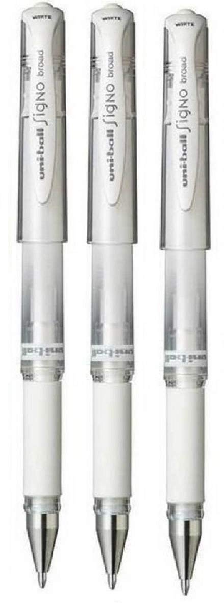 Uni Ball White Signo Pen Broad Metallic Gel Ink Rollerball Metal 1mm Tip Nib 0.65mm Line Width With Rubber Grip UM-153 (Pack Of 3)