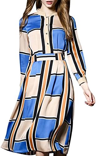 Scecent Women's Bohemian Beach Dress Plaid Long-Sleeved Midi Chiffon Dress(please select one size bigger)