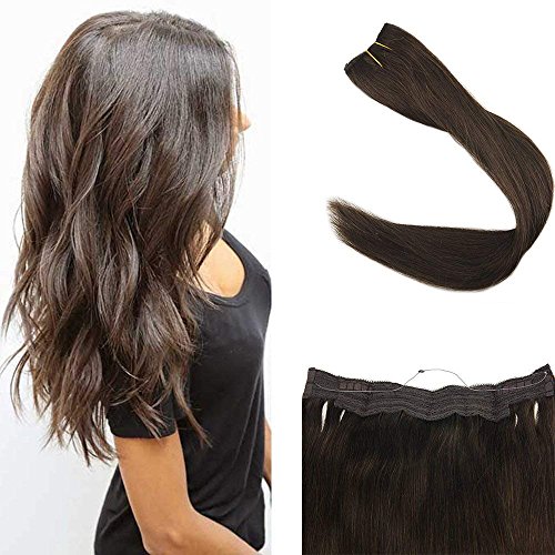 Full Shine 22inch Darkest Brown Fish Line Invisible Hair Extension Double Weft Human Fish Wire Hair Extension on Wire 100g Hairpiece