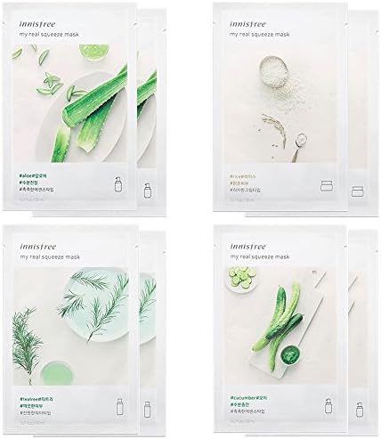 Innisfree Best 4 Type Combo Mask Sheet Pack of 8 - Cucumber, Teatree, Aloe, Rice