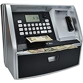 ATM Savings Bank with Debit Card, Electronic Piggy Bank for Real Money, Coin Recognition, Targets Setting, Password Login, Voice Prompt, Great Gift for Boys Girls (Black/Silver)