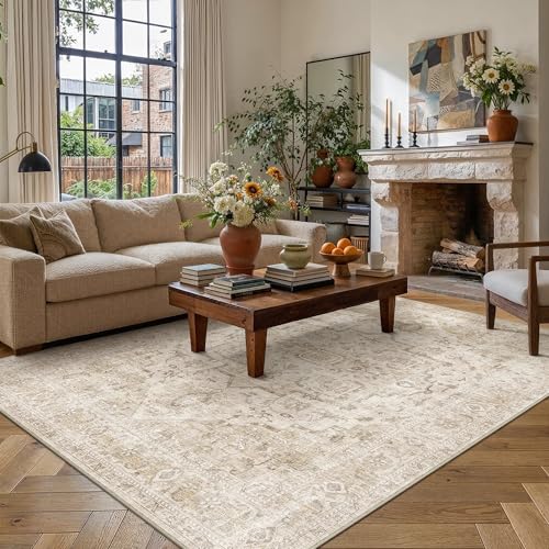 PureCozy Vintage Alfombra Salon 200x300cm Beige Habitacion Alfombras Lavable Antideslizante Dormitorio Grande Tapete Sala Comedor Oficina Interior Pelo Corto Rug Carpet