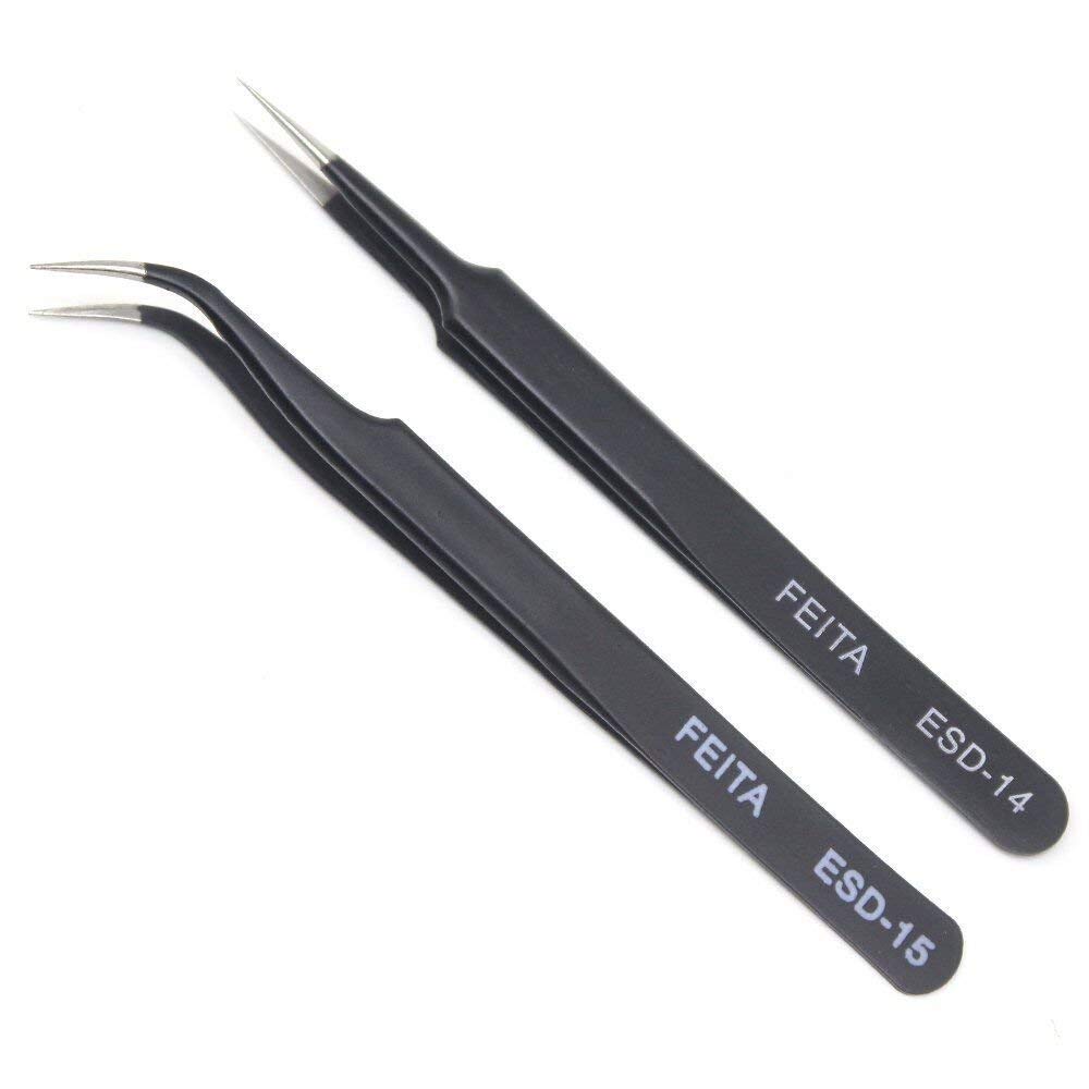 Eyelash Extension Tweezer Set - FEITA Professional Straight & Curved Pointed Very Fine Tip Precision Tweezers for Lash Extensions - Black - 2Pcs
