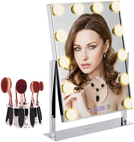 Makeup Mirror Electroplating Process | Large 12 Big Led Bulbs Hollywood Style Vanity Mirror with 5x Magnifier and Clock | Tabletops 10 Hole Oval Makeup Brush Holder Touch Screen Adjustable Brightness