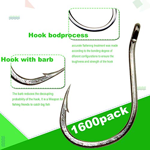 Thekuai Fishing Hooks High Carbon Steel Size Saltwater Freshwater Fishing Hooks (1600 PCS Fishing Hooks)