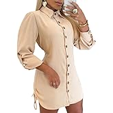 CHICME Women Shirt Dress Long Sleeve Button Down Blouses Side Drawstring Mini Dresses