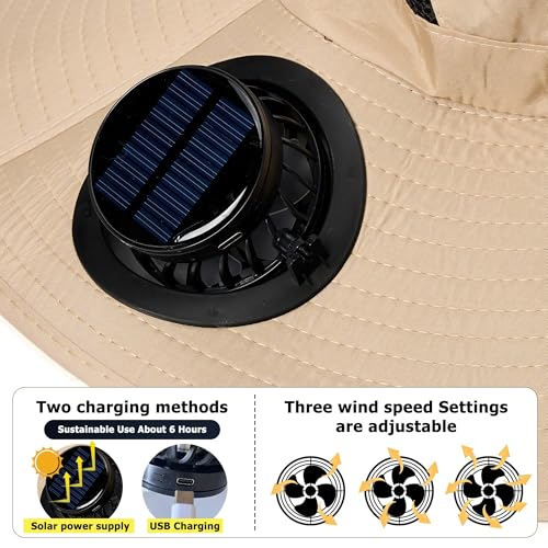 Solar Fan Sun Hat for Men Wide Brim Hat Outdoor Sun Cap with 2 Solar Fan Fishing Hat, UPF 50+, Removable & USB Charging