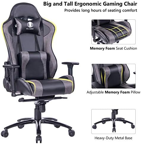 KILLABEE Big and Tall Gaming Chair with Metal Base - Ergonomic Leather Racing Computer Chair High-Back Office Desk Chair with Adjustable Memory Foam Lumbar Support and Headrest, Gray/Black