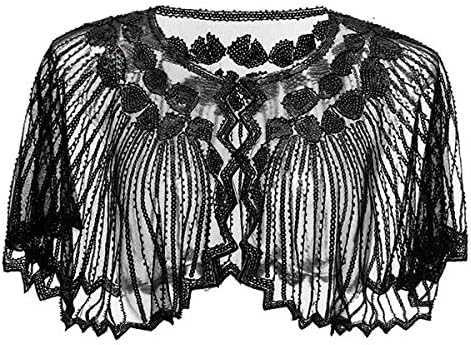 Lamosi Women's 1920s Shawl Beaded Sequin Deco Wedding Cape Evening Wrap Flapper Cover Up-Black