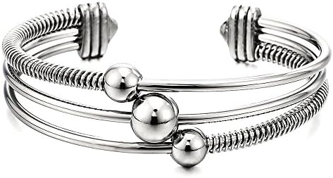 COOLSTEELANDBEYONDThree-Row Women's Stainless Steel Adjustable Open Cuff Bangle Bracelet with Cable and Ball Charms