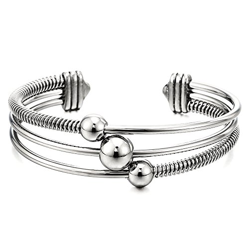 COOLSTEELANDBEYONDThree-Row Women's Stainless Steel Adjustable Open Cuff Bangle Bracelet with Cable and Ball Charms
