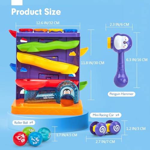 hahaland Children's Games 1 Year Male – Ball Toy 2 in 1 and Ramp for Car Track Educational Toys Montessori with Hammer/4 Balls/4 Cars, Gifts for 1 2 3 Years Old Children