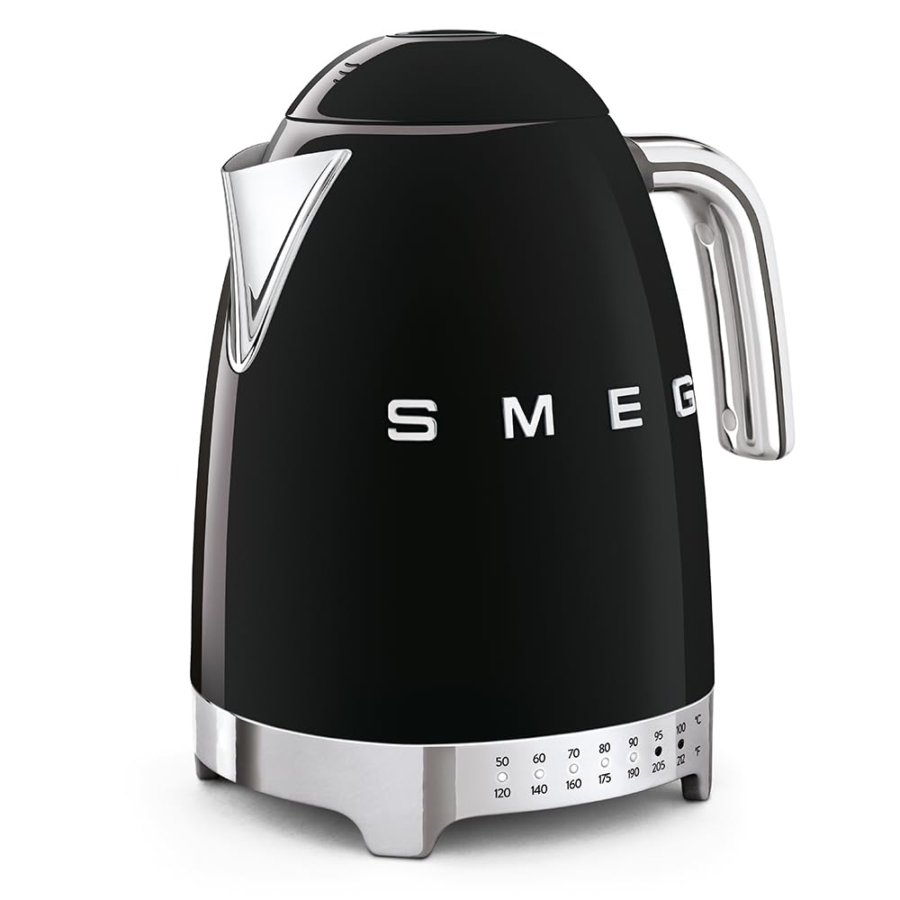SMEG Hervidor eléctrico de temperatura variable de 7 tazas - Estilo retro estético con tecnología avanzada - Acero inoxidable, 1400W, 120V, base giratoria de 360°, función mantener caliente (negro)