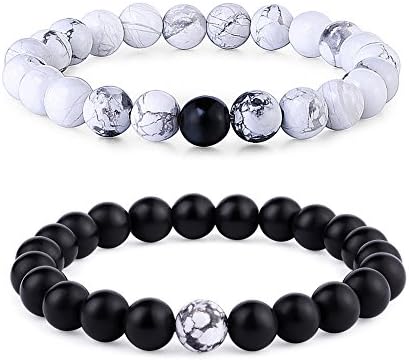 Byson 2 Pcs Couple Distance Relationship Bracelets Black Matte Agate & White Howlite Energy Beads Stone Ying Yang Balance Bracelet Banglet for Lovers Touch Bracelets Long Distance Relationship