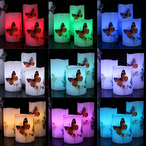 Set of 3 Flameless LED Candles Color Changing Flicker,Light Mode Option Real Handmade butterflies and plant specimens with Timer and 18-key Remote for Mother's Day,Wedding,Votive,Yoga and Decoration
