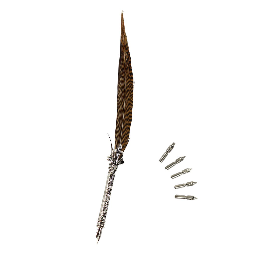 SIPLIV Antique Natrue Feather Pen Dip Pen Gift Pen with 5 Different Models Pen Nib - Brown and Black Feather