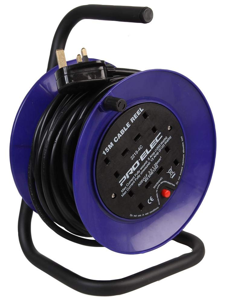 PRO ELEC PEL01275 4-Gang Mini Cable Reel Mains Extension, Black/Blue, 15m