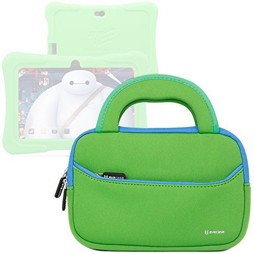 Evecase Neoprene Sleeve Case Bag for Express Y88X / Y88X Plus 2017 Disney Edition 7-inch Kids / Dragon Touch Android Tablet â€“ Green with Handle and Accessory Pocket