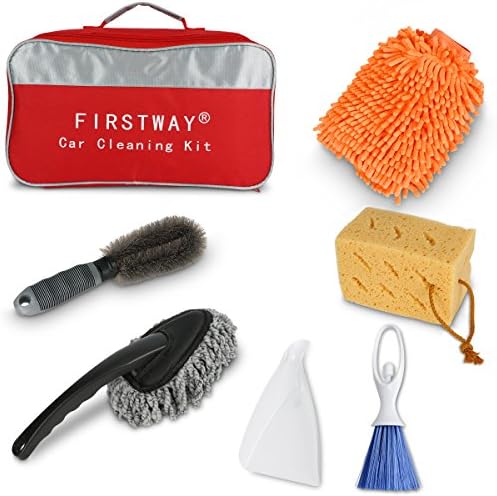 Car Cleaning Kit 6PCS with Car Washing Sponges/ Waterproof Car Mitts/ Auto Wheel Brush/ Microfiber Dust Cleaner/ Car Brush broom/ Car DustPan Packed Full in FIRSTWAY Storage Bag