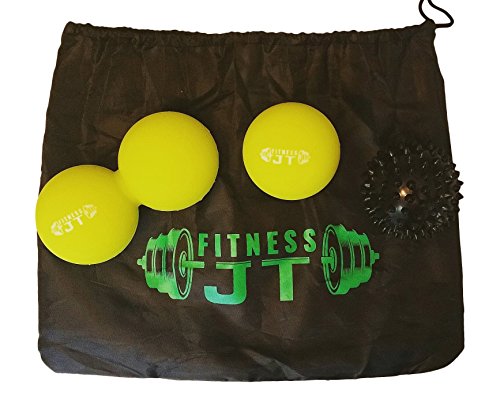 Massage Lacrosse Ball Set by JT Fitness, Peanut Ball + 1 Double Lacrosse Ball + 1 Spiky Ball for Myofascial Release and Trigger Point Therapy, with Free Carrying Bag
