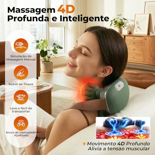 Massageador Elétrico para Pescoço e Ombros Deep 4D com Aquecimento Infravermelho,Recarregável, Silencioso e Portátil, Alívio de Dores e Tensões Musculares