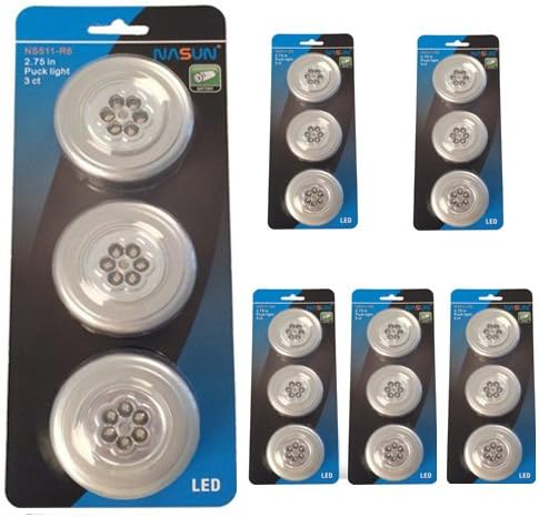 NASUN (3-Pack 6Sets) LED Puck Light, Wireless Battery-Operated Puck Light, 6-LED Closets Cabinets Light, Push Light Stick-on Anywhere for Kitchen, Storage Room, Hallway, Bedroom, Bookshelf (Silver)