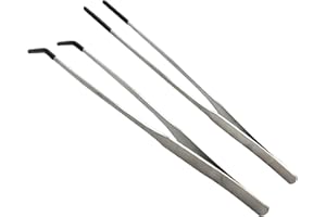 HRASY Stainless Steel Straight and Curved Tweezers Aquarium Tweezers with Rubber Tips Long Handle Reptile Feeding Tongs for Fish Tank Aquatic Plants, 2pcs, 10.6 Inch, Silver