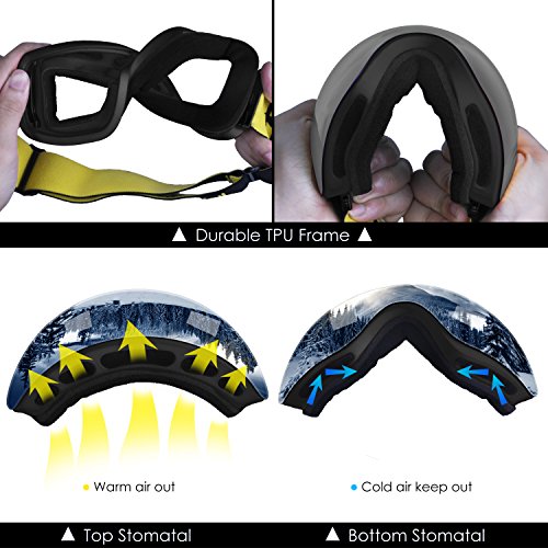 Ski Goggles, Frameless Snowboard Goggles Interchangeable Double Lens with Elastic Strap&Protective Case for Men Women - Anti Fog, 100% UV400 Protection, FDA & CE Approved (Silver(VLT18.5%)