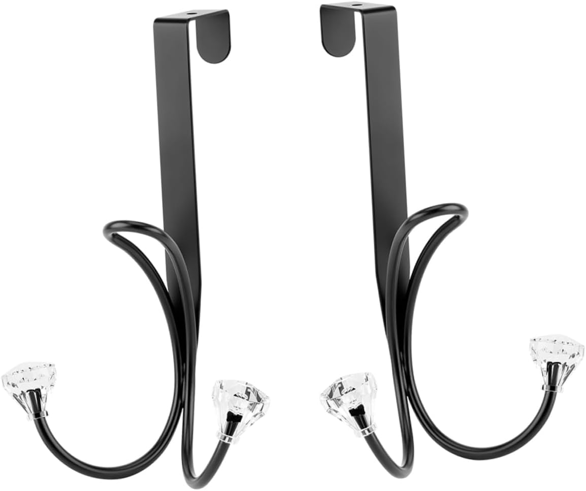 Wreath Hangers - Zerodeko 2pcs Heavy Coat Hanging Back Front Over Wreaths Hanger Household Punch-Free Hangers Free Hat Black Multifunctional Organizer Towels Hook Wreath Crystal Creative Double Duty