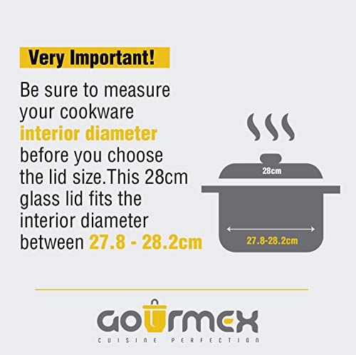 GOURMEX Tempered Glass Cookware Lid with Stainless Steel Rim and Black Handle to Fit Pots, Frying Pans and Skillets, Equipped with Vent Hole, Dishwasher and Oven Safe, Heat Resistant (11 Inc)