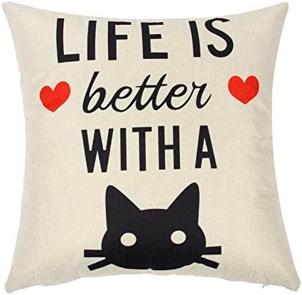 OgiselestyleCat Lover Decor Life is Better with A Cat Quote Cotton Linen Home Decorative Throw Pillow Case Cushion Cover for Sofa Couch, 18" x 18"