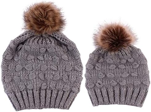 Parent-Child Hat Winter Knitted Beanies Mom Baby Faux Fur Pompom Hat Warm Mother Kids Family Knit Bobble Cap