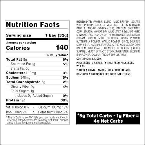 Quest Nutrition Sour Cream & Onion Protein Chips, 19g Protein, 4g Net Carbs, Low Carb, Gluten Free, 1.1 oz, 4 count