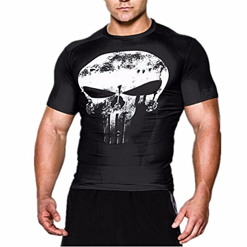 MCU Super Hero Print Short Sleeve Compression Fit Polyester Costume / Fitness Shirt (Large, The Punisher)
