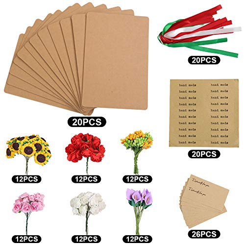 Johouse Dried Flowers Greeting Cards, 20PCS Handmade Greeting Cards Vintage Kraft Blank Note Card Thank Notes for Birthday Party,Valentines Day,Mothers Day