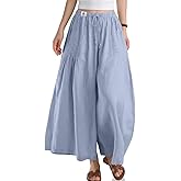 TARSE Womens Linen Wide Leg Cropped Pants Baggy Palazzo Boho Casual Elastic Waist Summer Beach Skirt Pants with Pockets