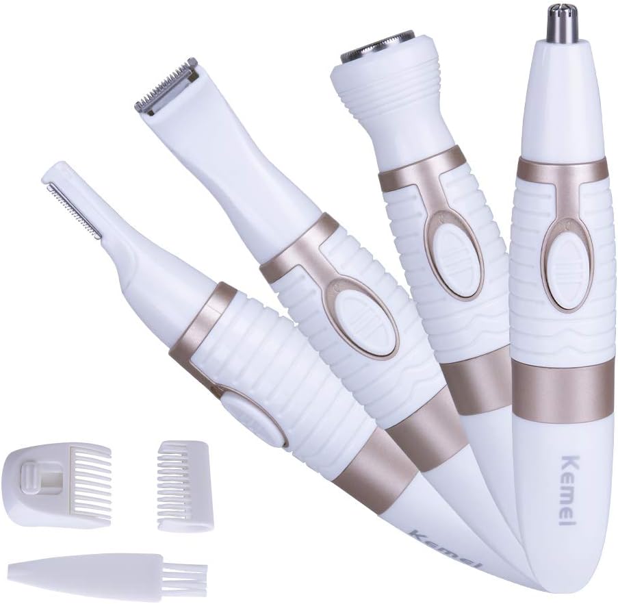Nose Hair Trimmer for Women Men，Gospire 4 in 1 Eyebrow Sideburns Ear and Nose Hair Trimmer Waterproof Double-Edge Stainless Steel Blades Battery Operated Grooming Kit (White)