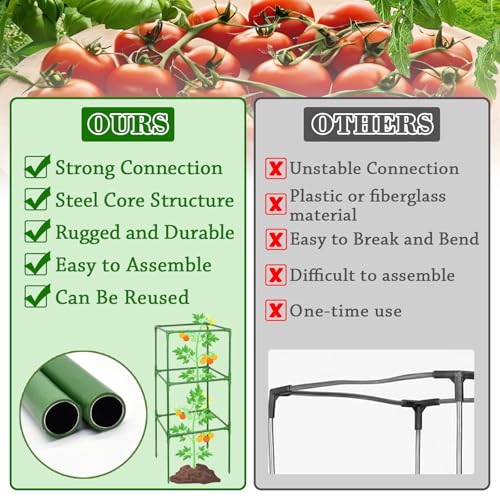 ZeeDix 4 Pack Tomato Cages for Garden 60 Inches, Heavy Duty Square Adjustable Tomato Trellis Cage Climbing Plant Support Trellis Plant Cages for Climbing Vegetables Flowers with 40Pcs Clips