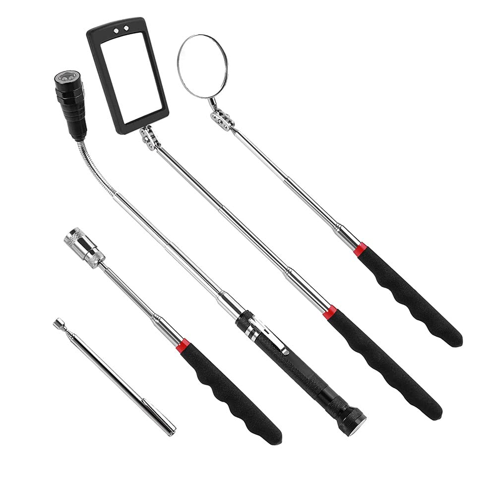 ANCLLO Gifts for Men, 5PCS Telescoping Magnetic Pick Up Tool Kit with 1lb and 15 lb Pickup Rod, Round and Square 360 Swivel Adjustable Inspection Mirror and Telescoping Flexible LED Flashlight
