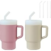 PandaEar 2 Pack Kids Tumbler Silicone Toddler Cup with Straw and Handle, 9.5oz Spill-Proof Training Cup for Baby, BPA-Free, Easy to Clean -Grey/Pink
