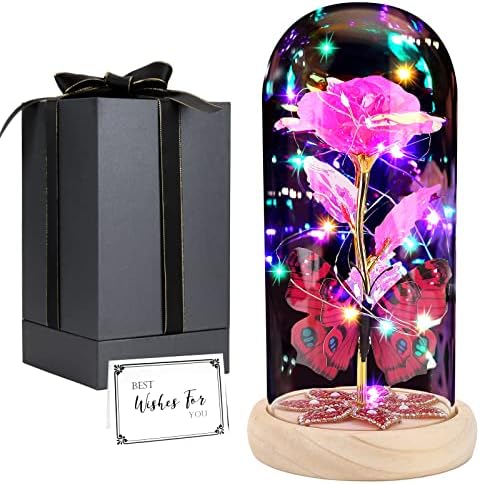Dried & Preserved Flora - Birthday Day Rose Gifts for Mom Women, Light up Forever Roses in Glass Dome Galaxy Butterfly Rose Globe Present for Her Grandma, Eternal Rose Gift for Mother's Day Anniversary from Daughter (Pink)