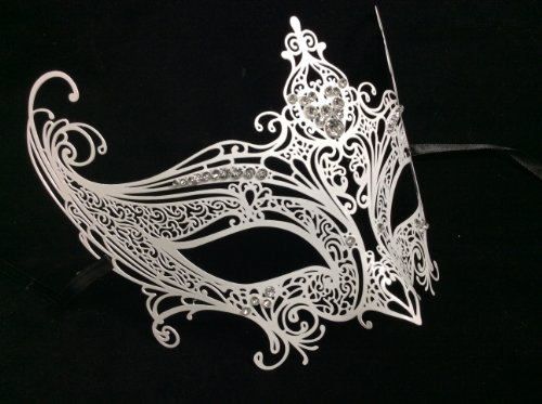 His (Silver) & Hers(white) Masquerade Couples Venetian Design Masks - 2 Piece Silver Colored Set - Perfect Couple Mardi Gras Queen Party Halloween Ball Prom
