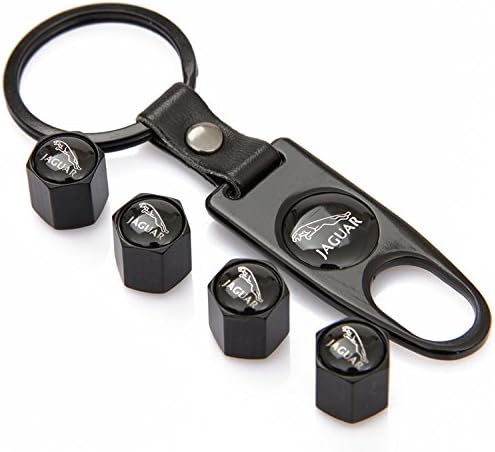 eXeAuto Black Tire Valve Stem Air Caps Cover and Keychain Combo Set For Jaguar