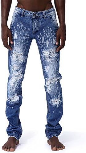 JKFUN Men's Designer Regular-Fit Handmade Fully Ripped Denim Jeans Pants Color Ocean Blue Size 36