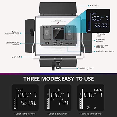 Neewer-480-RGB-Led-Light-with-APP-Control-480-SMD-LEDs-CRI953200K-5600KBrightness-0-1000-360-Adjustable-Colors9-Applicable-Scenes-with-LCD-ScreenU-BracketBarndoor-Metal-Shell-for-Photography