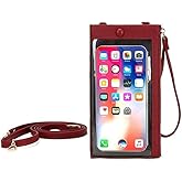 Aslana Women Faux Leather Long Wallet Wristlet Handbag with Touch Screen Clear Phone Window (Double Zipped Burgundy)